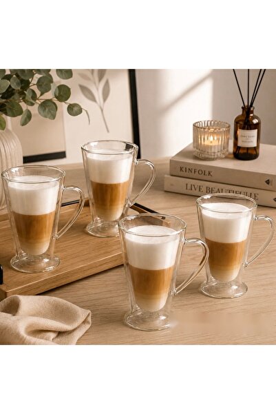 dealshopromania Set de 4 căni de sticlă cu perete dublu, 400 ml, termoreziste...