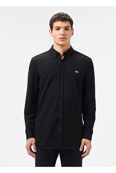 Lacoste Siyah Düğmeli Yaka Slim Fit Uzun Kollu Erkek Gömlek