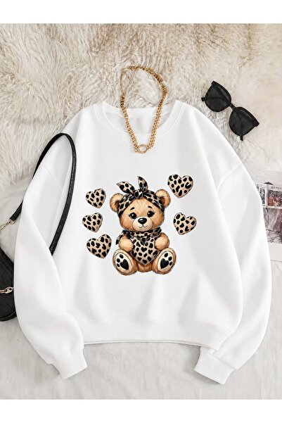 Trend Sizde Φούτερ Unisex με στάμπα λεοπάρ αρκουδάκι και λαιμόκοψη ποδηλάτου