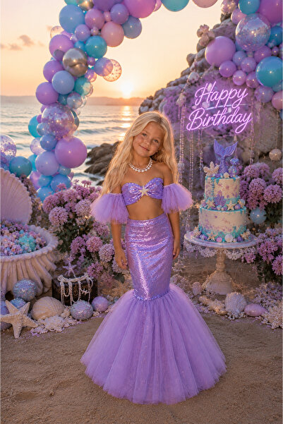 NA ADDESIGN Kız Çocuk Pullu Deniz Kızı Kostümü Lila Mermaid Elbise, Payetli P...
