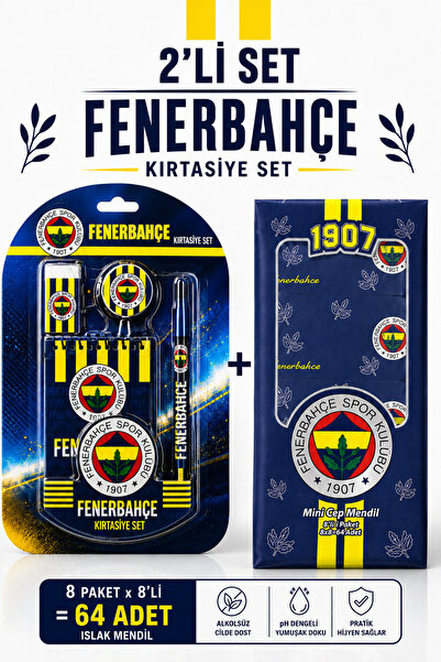 Fenerbahçe 2’li Kırtasiye Seti + Mini Islak Mendil 8 Paket 64 Adet Yeni