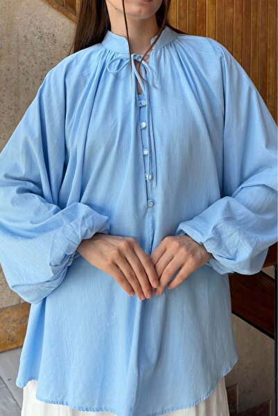 fayaboutique.com Balon Kol Mavi Thalia Keten Bluz