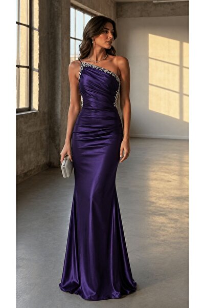 Modafeminen Purple One-Shoulder Stone Embellished Detailed Gathered Satin Mer...