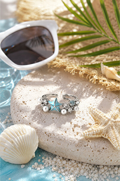 Sylvera Shop Marina Sea Themed Pearl Detailed Stone Ring - Adjustable (Silver...