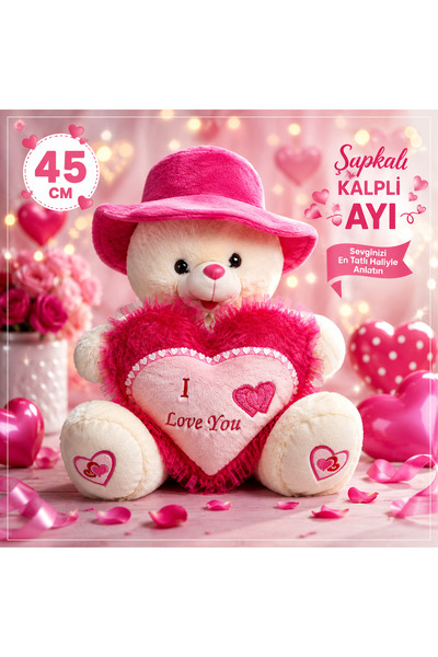 SUDESA OYUNCAK 45 cm Plush Bear with Hat and Heart, Gift for Loved Ones with ...