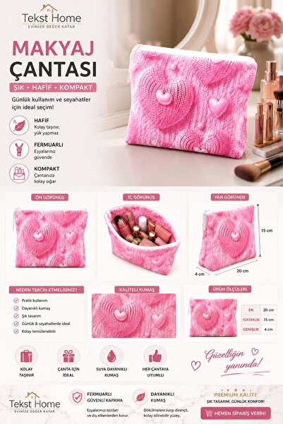 tekst home Pamuklu kumaştan, fermuarlı, pembe kalp ve inci desenli makyaj çan...