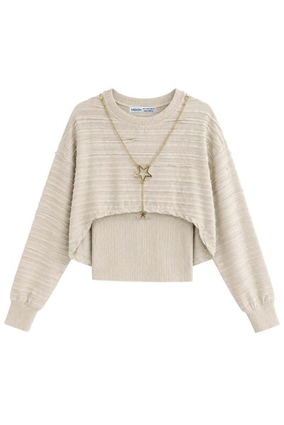 Vadon 1042 women's necklace accessory detailed textured 2 piece blouse set beige