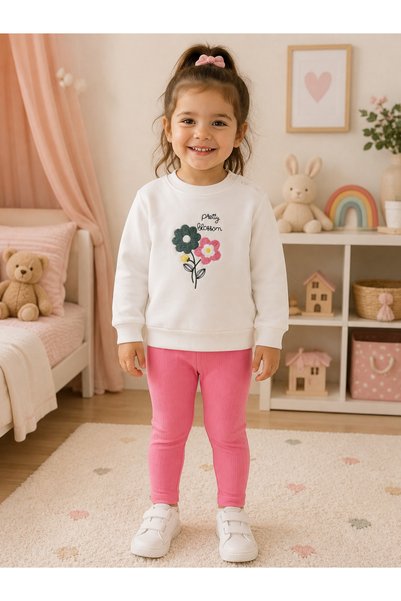 buzy kids concept Flower Embroidered White Girls' Seasonal Tights 2-Piece Set...