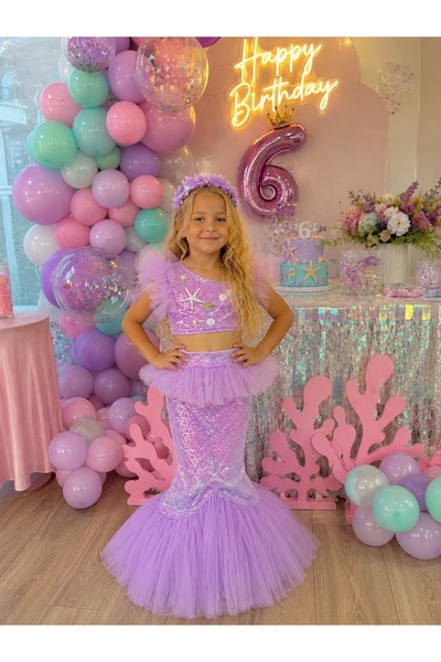 NA ADDESIGN ız Çocuk Deniz Kızı Kostümü Lila Mermaid Kostüm Payetli Tüllü Doğ...