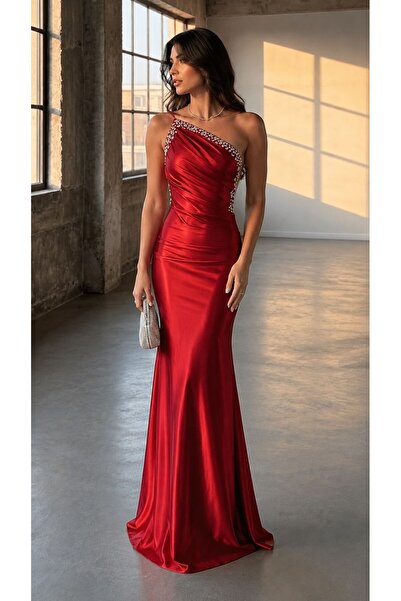 Modafeminen Red One-Shoulder Stone Embellished Detail Gathered Satin Mermaid ...