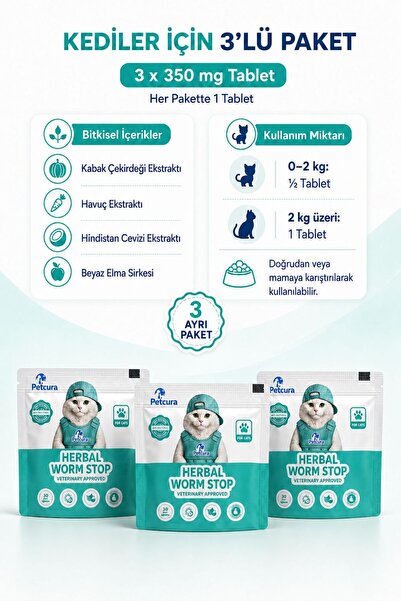 PETCURA Herbal Worm Stop Bitkisel İçerikli Kedi Tableti 3 x 350 mg Avantaj Paketi