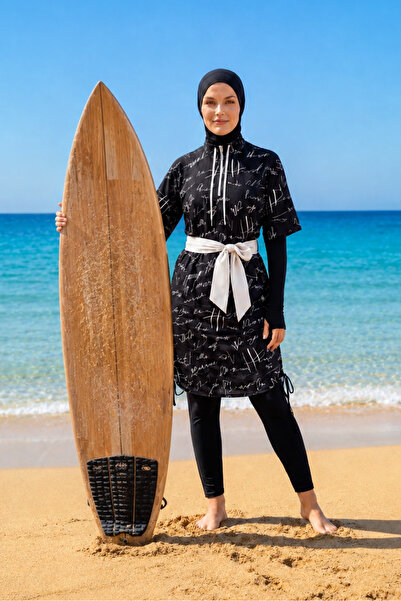 Marina Patterned Black Full-Covered Hijab Swimsuit |   M2606