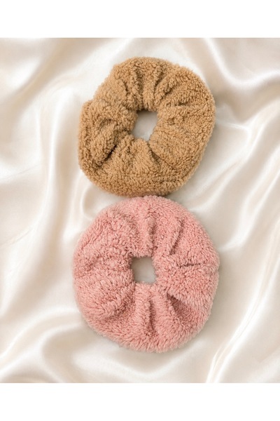 2’li Peluş Oversize Scrunchie Lastik Toka Seti – Camel & Pudra