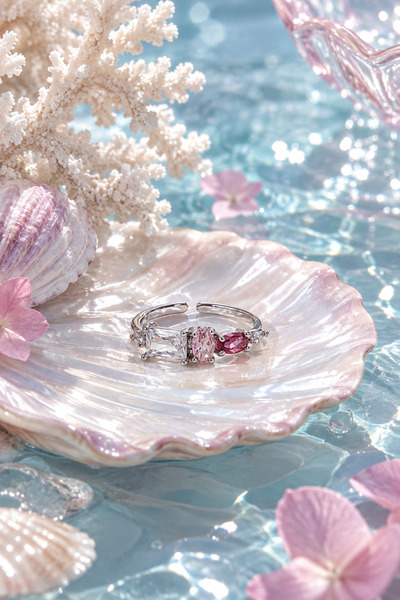 Sylvera Shop Rosalie Pink & White Baguette Stone Minimal Ring - Adjustable (S...