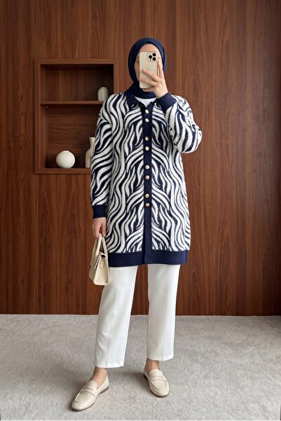 MODAQU Cardigan lung din tricotaj cu nasturi cu model zebră - Bleumarin