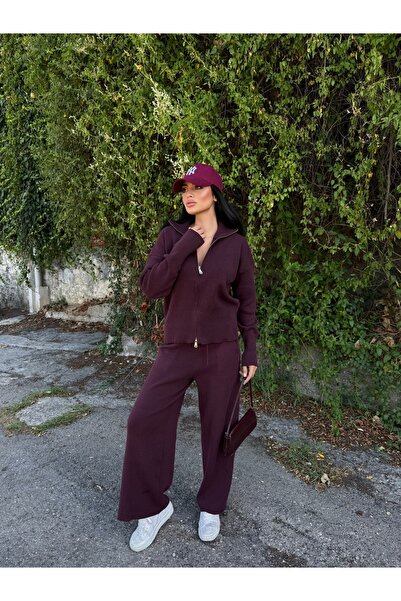 LB Laluna Butik Women's Zippered Cardigan and Pants Knitwear Set
