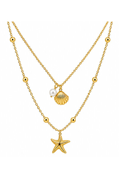 MAZBEE Ocean Pearl & Starfish Layered Necklace – 18K Gold PVD Coated Stainles...
