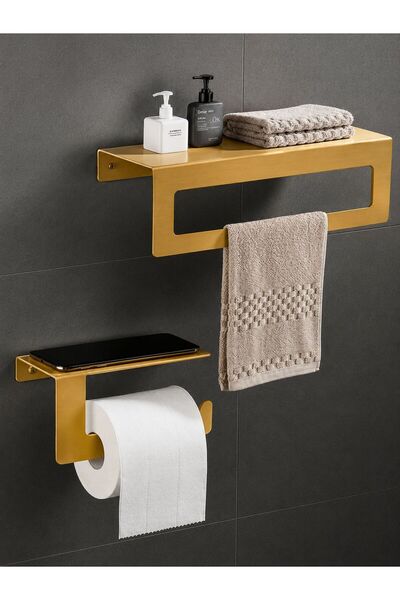 sakase Gold Banyo Rafı ve Tuvalet Kağıtlığı Seti – Havluluklu Metal Duvar Rafı