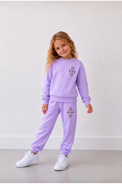 is kids wear Kız Çocuk Etnik Desenli Lila Sweatshirt Eşofman Alt Üst İkili Takım