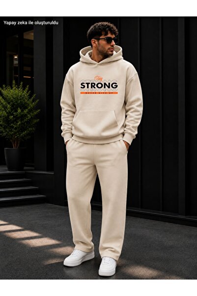 caddekombin Men's Stay Strong Printed Tracksuit Set / Hooded Sweatshirt with ...