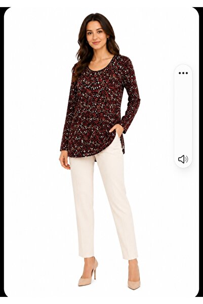 İyisini İstersen Women's Red Color Floral Pattern Long Sleeve Oval Collar Lar...