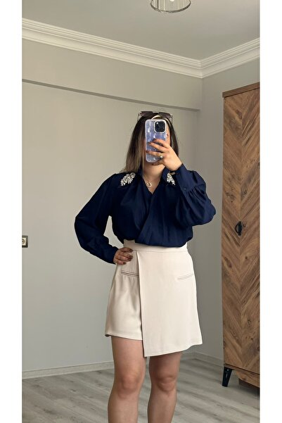 Taş Detaylı Zıbınlı Lacivert Body
