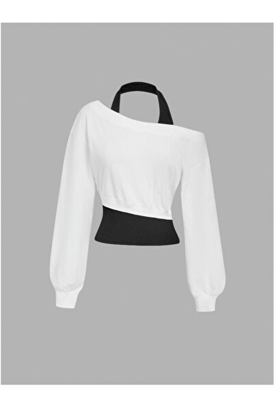MOONBULL Kadın Asimetrik Kesim 2 si 1 Arada Günlük Pamuklu Crop Sweatshirt