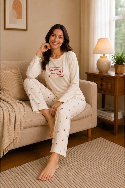 Vesperia Women's Soft Textured Waffle Long Sleeve Pajama Set