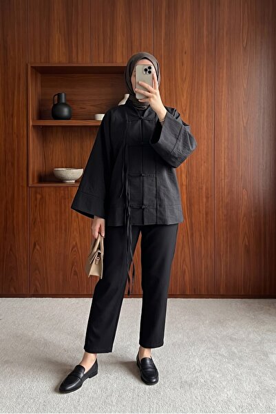 MODAQU Hakim Collar Knotted Parachute Fabric Kimono - Black