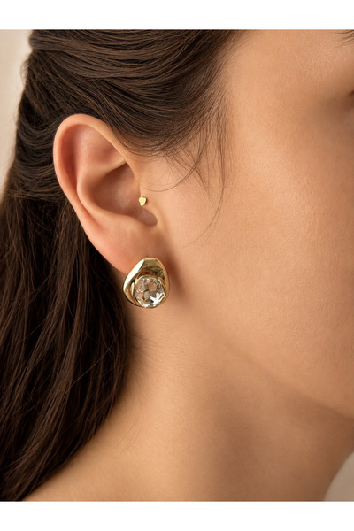 Reverie Atelier Kadın Gold Oval Zirkon Taşlı Çivi Küpe 14K Kaplama Hacimli Şı...