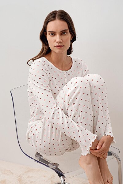 Artış Uzun Kollu Kalpli Düğmeli %100 Pamuk Pijama Takım