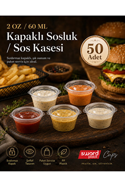 sword pack 50 Adet Sızdırmaz 2 Oz Saklama Kabı 60 ml - Kapaklı Sos Kabı (Kemi...