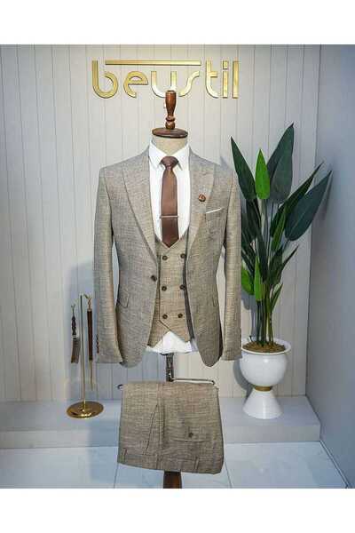 Beystil Sivri Yaka Kahve Yelekli Kırçıllı Takım Elbise Storm- Slim Fit