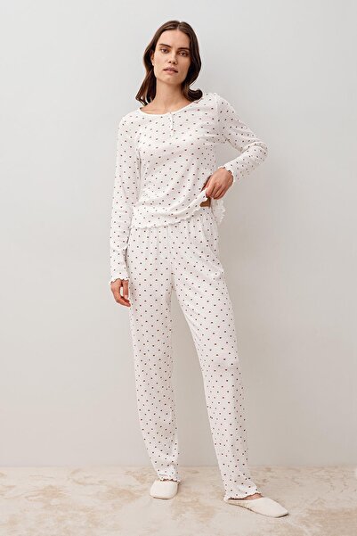 Artış Uzun Kollu Kalpli Düğmeli %100 Pamuk Pijama Takım