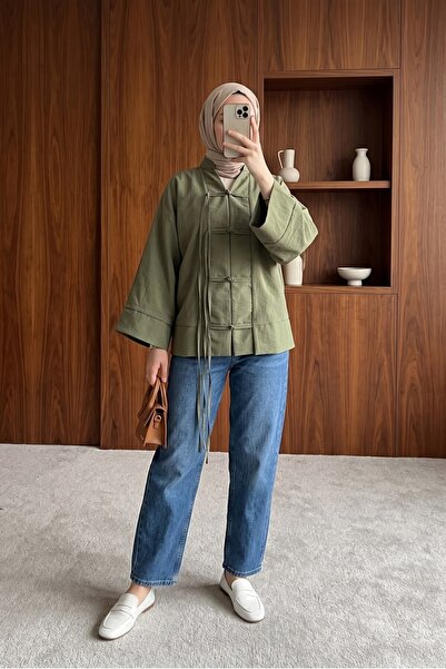 MODAQU Hakim Collar Knotted Parachute Fabric Kimono - Khaki