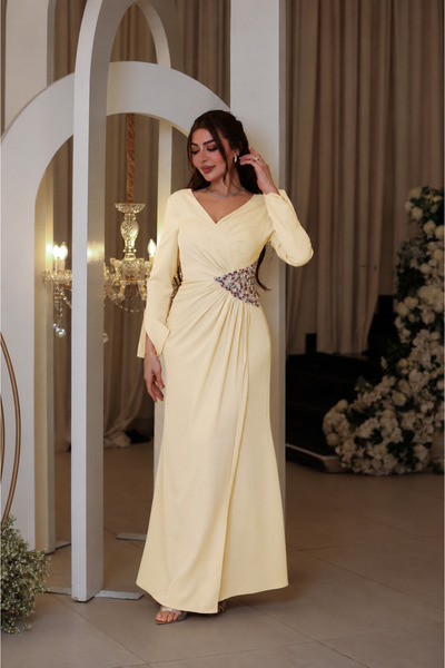 JAQUEEN فستان سهره ناعم ليموني طويل