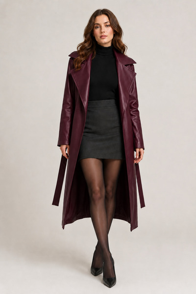franky B Women's Double-Breasted Collared Belted Faux Leather Long Trench Coat