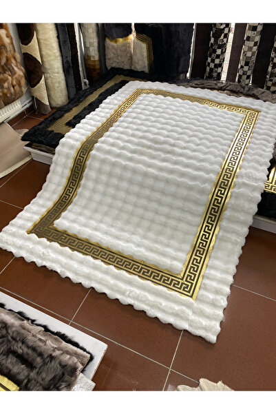 Deri Halı Dünyası Beyaz Renkli Gold Varaklı Bubble Peluş Salon Halısı