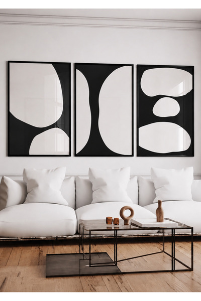NT Handmade Natural Wood Framed Set of 3 Black and White Abstract Modern Mini...