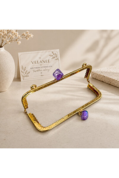 velanee Gold Mor Taşlı Metal Çanta Bursu 10,5 cm