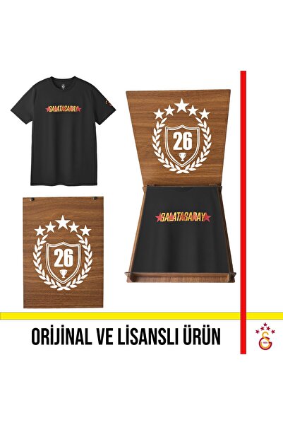 Galatasaray Licensed Text Detailed Black T-Shirt 26 Championships Wooden Boxe...