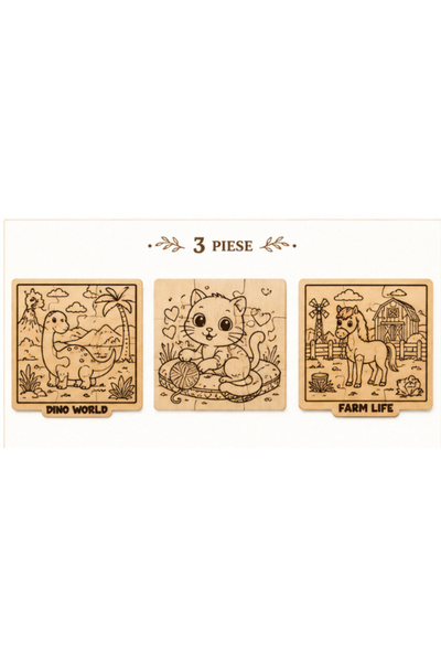 Gabcom Puzzle din Lemn – Dinozaur+Pisica+Cal, Puzzle Montessori Educativ, 9 p...