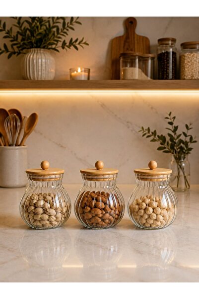 morponi Bamboo Lid Borosilicate Glass Jar Set Striped Grain and Legume Storag...