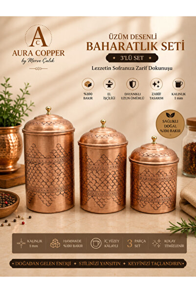 AURA COPPER 3’lü Üzüm Desenli Bakır Baharatlık Seti 1 mm – İçi Kalaylı Kapakl...