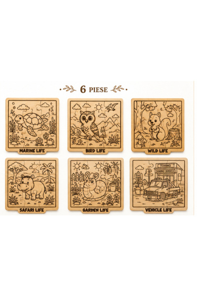 Gabcom Puzzle din Lemn – Veverita+Broasca Testoasa+Bufnita+Hippopotam+Melc+Ma...