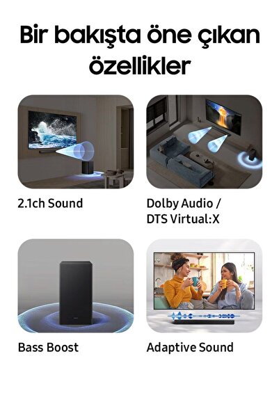 Samsung Yeni 300 Watt 2.1 Kanallı Kablosuz Subwooferlı Soundbar, Dolby Audio ve DTS Virtual, Bas Yükseltici