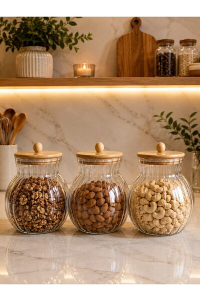 Qerhome Bamboo Lid Borosilicate Glass Jar Set Striped Grain and Legume Storag...