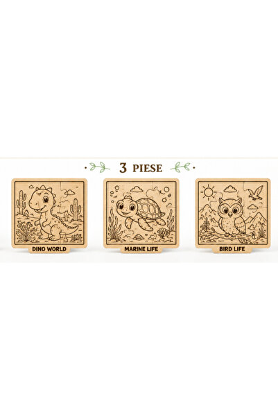 Gabcom Puzzle din Lemn – Dinozaur+Broasca Testoasa+Bufnita, Puzzle Montessori...