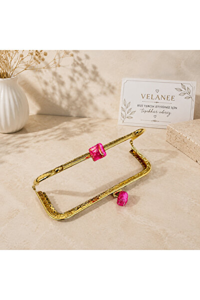velanee Golld Fuşya Taşlı Metal Çanta Bursu 10,5 cm