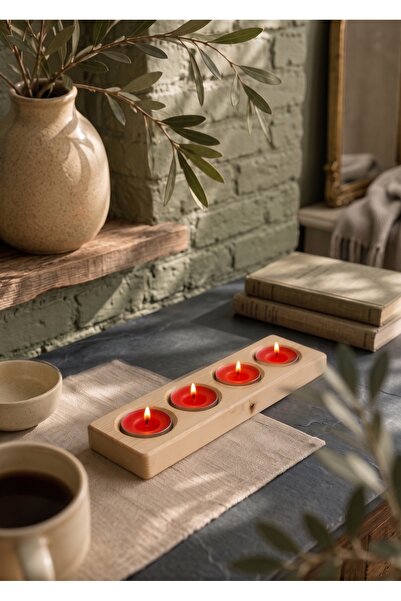 The N Wood Ahşap 4'lü Tealight Mumluk - Doğal Ahşap Mumluk Standı Modern Ev D...